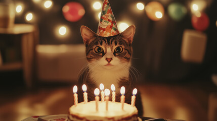 Cozy Cat's Birthday Celebration with Cake and Balloons
