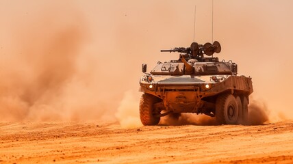 A military vehicle navigates a dusty terrain, showcasing its robust design and operational capabilities in challenging environments.