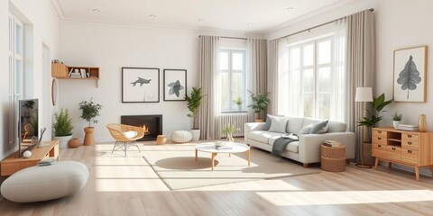 Fototapeta premium Modern and minimalist living room with white sofa and wood table on white blue wall and wood floor, interior design, home decor, cozy