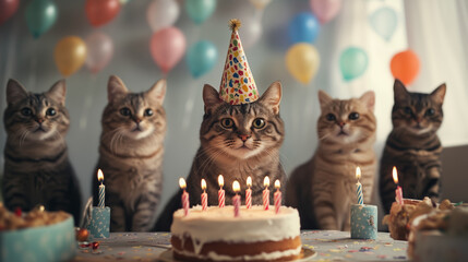 Adorable Cats Having a Birthday Party with Cake and Party Hats
