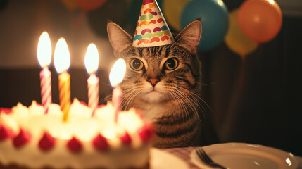 Solo Cat Celebrating Birthday with Cake and Party Hat
