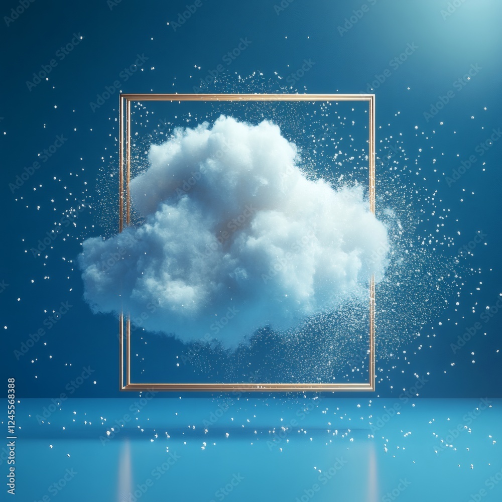 Poster 3d render of fluffy white cloud isolated on a vibrant blue background dust particles floating around