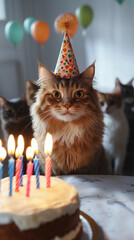 Feline Friends Enjoying a Birthday Celebration with Cake and Fun