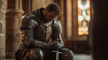 Obraz premium A lone knight in reflective armor kneels in a grand cathedral. The atmosphere is solemn and profound. Historical themes and emotions emerge. Generative AI.