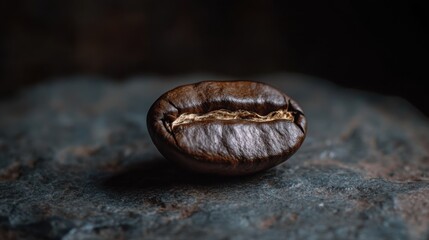 Cinematic Close-up of a Single Dark Roasted Coffee Bean on a Rustic Stone Surface