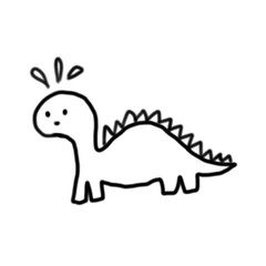 This image features a simplistic black-and-white doodle of a dinosaur with a rounded head, four legs, and a spiky ridge running along its back. The dinosaur appears to have a surprised expression, as 