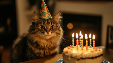 Adorable Cat Enjoying a Birthday Party with Cake and Decorations