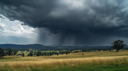 heavy rainstorm landscape, dark turbulent clouds, atmospheric precipitation, moody sky photography, dramatic weather conditions, misty raindrops, cinematic storm capture, natural phenomena