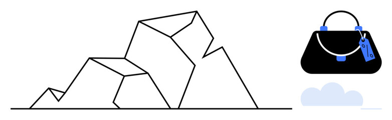 Geometric mountain outline next to an elegant handbag with a blue tag and stylized cloud shape. Ideal for fashion, travel, adventure, lifestyle, luxury, minimalism, nature concepts. Abstract line