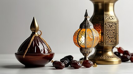 Muslim lamp, dates and prayer beads on table background.