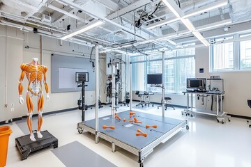 Advanced biomechanics lab equipped with motion capture technology and muscle activity sensors.