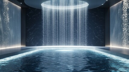 premium aqua showcase, flowing water features, central display area, pure liquid motion, professional product stage, crystal clear streams, high-end commercial background, soft blue environment