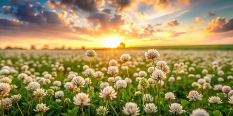 Fototapeta premium Serene Sunset Over a Field of Delicate White Flowers, Illuminated by the Golden Hour Light