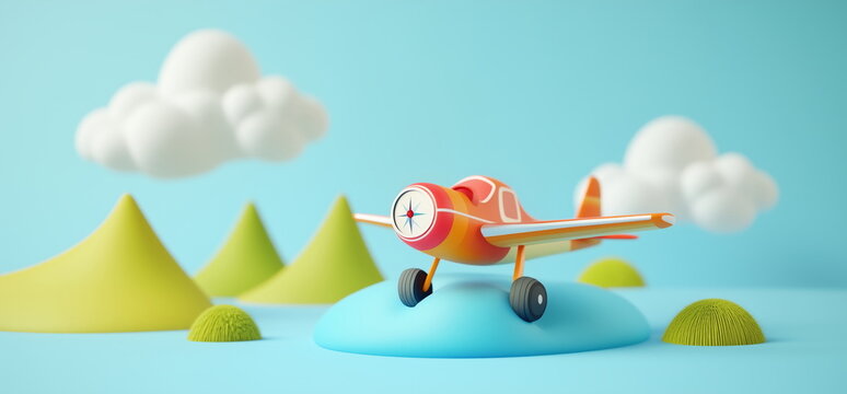 Whimsical Clay 3D Illustration, Vintage Orange Propeller Plane, Green Cone Hills, Fluffy White Clouds, Pastel Sky Background