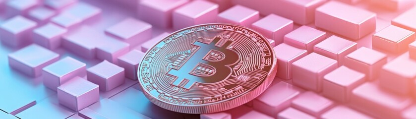 Obraz premium A close-up of a Bitcoin resting on a light pink keyboard, symbolizing the intersection of cryptocurrency and technology.