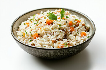 Selective focus bowl of fried rice isolated on white background, Stir fried rice in bowl with spring onion on white.