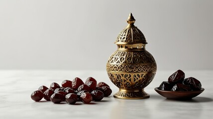 Muslim lamp, dates and prayer beads on table background.