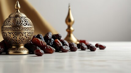 Muslim lamp, dates and prayer beads on table background.