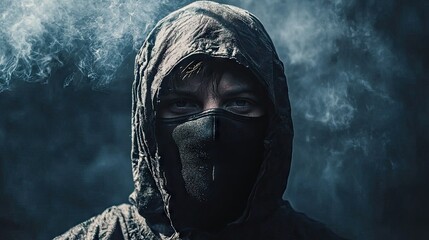 A person in a black mask with a mysterious expression, standing in front of a dark backdrop.