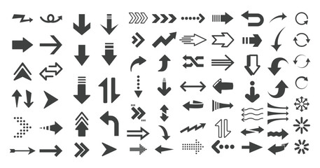 Set black modern arrows for web design. Arrows vector icon. Arrow icon. Set of big black vector arrows. Cursor, Click. Arrow icon pack