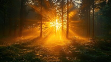 Golden sunlight streams through a dense forest, illuminating ferns and creating a serene atmosphere