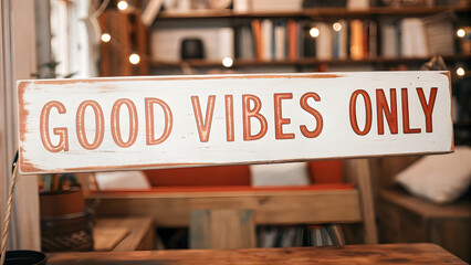 Wooden Sign "Good Vibes Only" in a Cozy Coffee Shop. Perfect for: Café Interiors, Wellness Spaces, Mindfulness Retreats