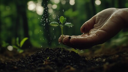 Macro shot hand watering tiny seedling, water droplet suspended in air, rich dark soil, tender green sprout, blurred forest background, environmental photography, nurturing life concept