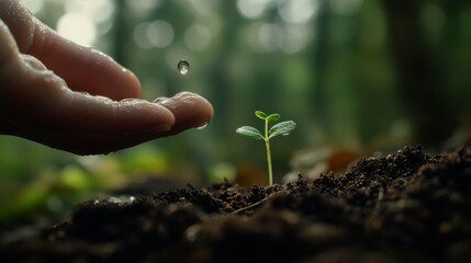 Macro shot hand watering tiny seedling, water droplet suspended in air, rich dark soil, tender green sprout, blurred forest background, environmental photography, nurturing life concept