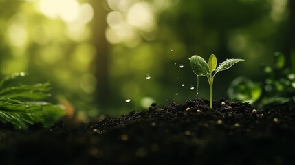 Macro shot hand watering tiny seedling, water droplet suspended in air, rich dark soil, tender green sprout, blurred forest background, environmental photography, nurturing life concept