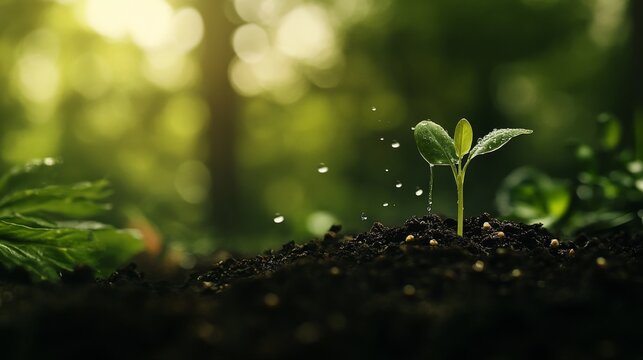 Macro shot hand watering tiny seedling, water droplet suspended in air, rich dark soil, tender green sprout, blurred forest background, environmental photography, nurturing life concept