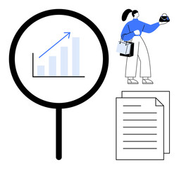 Magnifying glass over a growth chart, businesswoman holding a bag and a globe, stack of documents. Ideal for data analysis, business growth, information scrutiny, global commerce, report generation