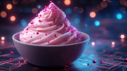 Pink dessert, sprinkles, bowl, bokeh, night, digital, food photography, website