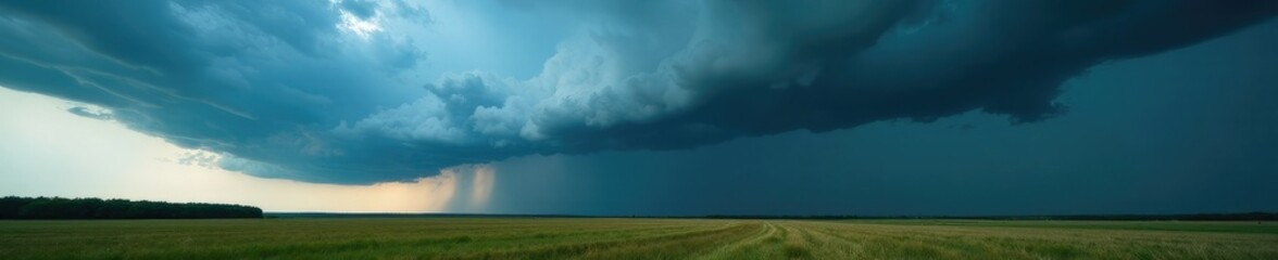 Dark clouds and thunderstorms looming over a vast landscape, weather, turbulent