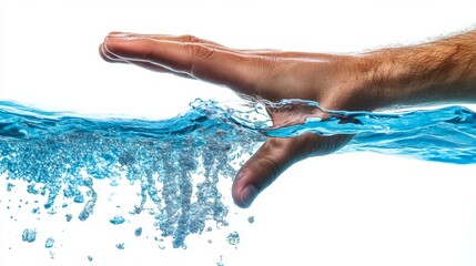 Marine split-shot photography, human hand breaking water surface, deep blue underwater view, soft white sky above, water movement capture, environmental awareness art