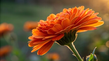 Orange Gerber Daisy Close-up: A single, vibrant orange gerber daisy with delicate petals stands tall against a soft green background, illuminated by the warm glow of the setting sun.