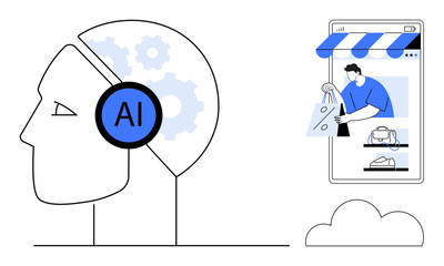 Human head with AI gears symbolizes artificial intelligence, alongside a mobile shopping interface. Ideal for technology, innovation, digital marketing, online retail, automation, cognitive