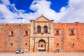 Fototapeta premium Arkadi, Greece. Monastery in Crete, historic 16th-century landmark, renowned for its Venetian architecture, Greece travel landmark.