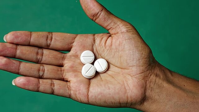Three White Pills in Hand: A close-up shot showing three white pills resting in the palm of a person's hand against a green background. The image conveys a sense of medicine, health, or treatment.