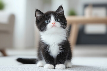 Tiny tuxedo kitten perched on grey rug in cozy home, black and white fur, large eyes focused, soft background with coffee table and armchair, indoor setting