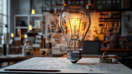 Lightbulb with business and creative sketches on laptop background, modern innovation and brainstorming, 3D render