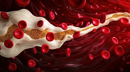 Swirling blood cells microscopic arteries digital illustration vibrant environment close-up view cholesterol dynamics