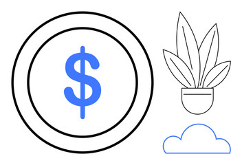 Dollar symbol inside a circle, potted plant, and cloud outline representing financial growth, sustainability, technology, prosperity, eco-friendly practices, balance and vision. Ideal for business