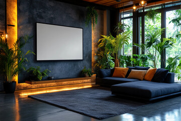 Empty flat-panel TV with a clean white screen on a neutral background, perfect for advertisers, digital marketers, and customizable content creation needs