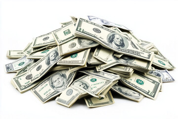 Selective focus pile of dollar banknote isolated on white background, Close up shot group of banknote on white.