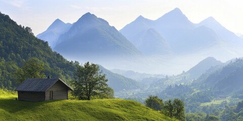 Fototapeta premium Mountain retreat wellness escape with cozy cabin overlooking lush valleys surrounded by misty peaks invites a sense of peace and rejuvenation