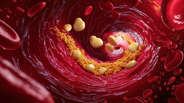Surreal journey through the vibrant human body abstract art of cholesterol and cardiovascular dynamics