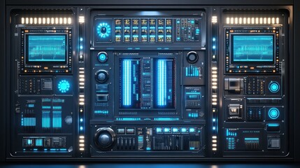 Obraz premium Futuristic control panel interface displays data, dark room background, technology concept