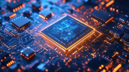 Obraz premium Illuminated CPU on Circuit Board, Technological Advancement