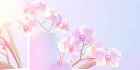 Poetic background featuring white pink orchid, aesthetic pink art