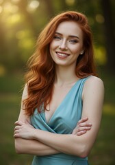 Fototapeta premium Smiling redhead woman in a teal dress outdoors.